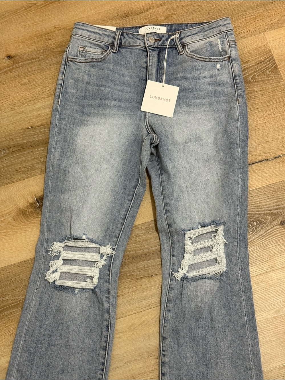 LoveRevt Women's Light Blue Distressed Flare Jeans